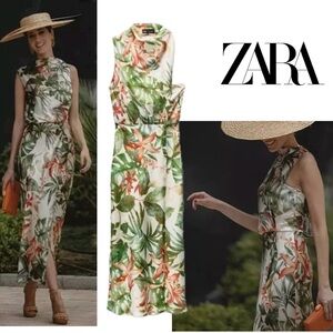 Zara cream green tropical palm leaf sleeveless midi dress XS draped front slit